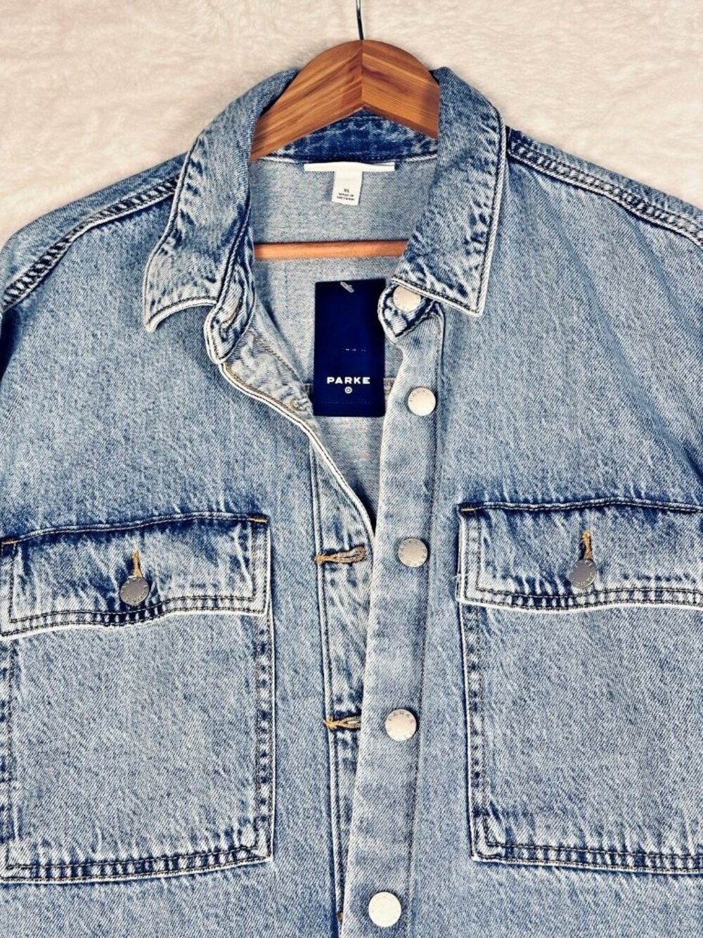 Parke Target Denim Shacket Shirt Jacket Light Wash Oversized Button Front Sz XL - Picture 4 of 16